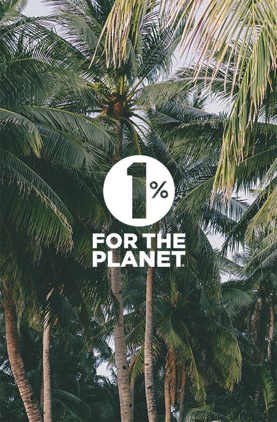 White logo with the text '1% FOR THE PLANET' inside a circle, over a background of green palm trees.